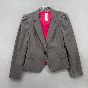 Express Blazer Womens Grey Pink Pinstripe Puff Shoulder Jacket Size 12 New 2008